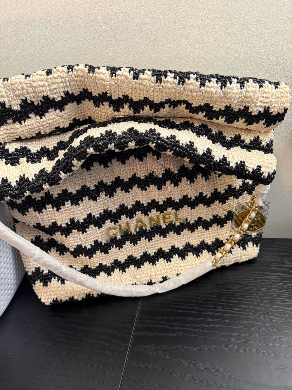 CHANEL Black & Cream Woven Chain-Accent Tote